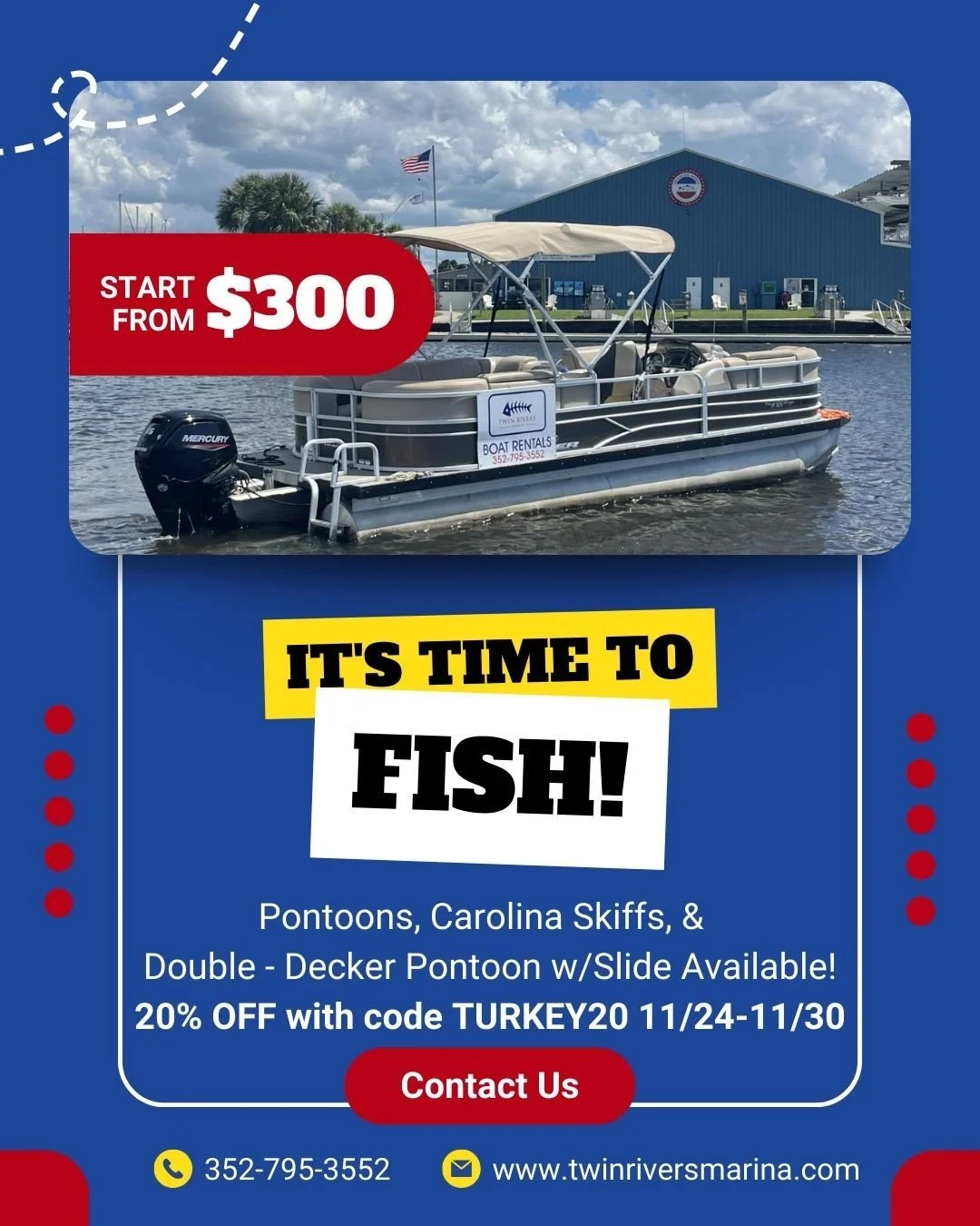 Thanksgiving week just got even better! Use promo code TURKEY20 for 20% off boat rentals Nov 24-30. 
Grab your gear - it's time to fish! #crystalriverfl #crystalriver #thankfulforfishing
