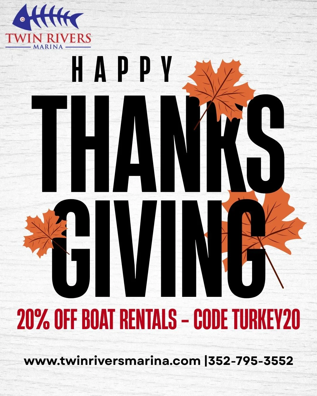 Swap the kitchen hustle for sunshine and saltwater! We're thankful for you- 20% off boat rentals at Twin Rivers Marina Nov 24-30. Valid on new bookings only. Use code TURKEY20. 352-795-3552 | or www.twinriversmarina.com. #crystalriverfl #crystalriver
