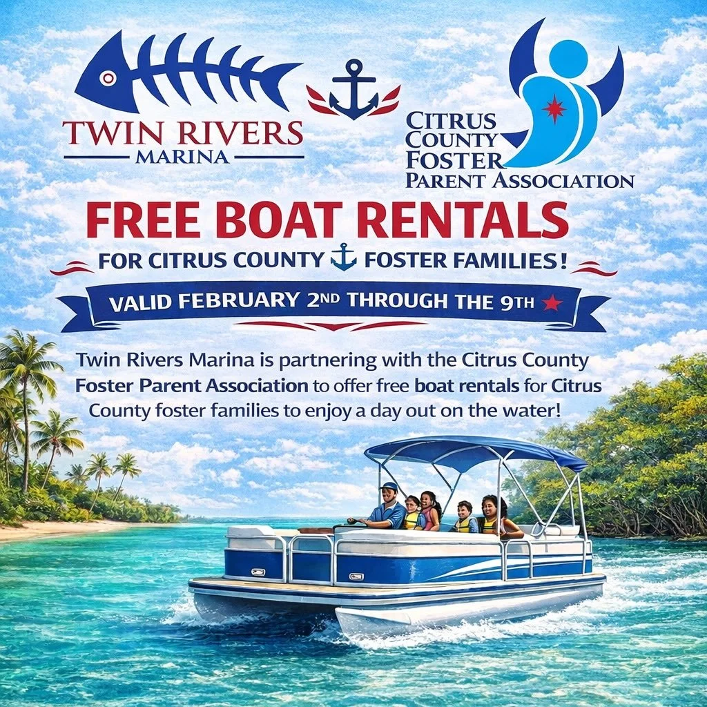 Sun, smiles, and time on the water ☀️🎣
Twin Rivers Marina is excited to partner with the Citrus County Foster Parent Association to offer FREE boat rentals for foster families from February 2nd-9th!

Let&rsquo;s make some memories on the water 😎

#