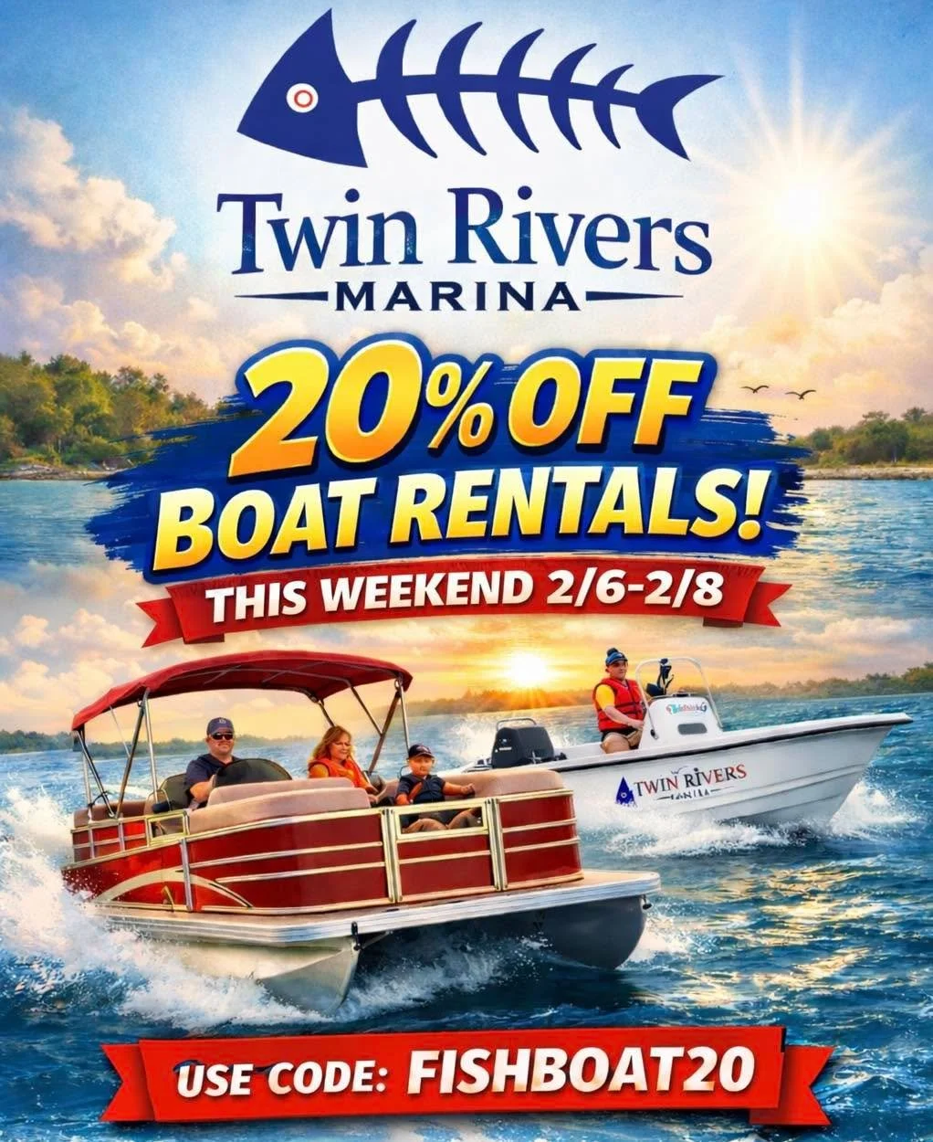 SUN&rsquo;S OUT. BOATS OUT. ☀️🚤

Take 20% OFF rental boats this weekend only!
Fishin&rsquo;, cruisin&rsquo;, spring hoppin&rsquo;, manatee watchin&rsquo; &mdash; however you float, we&rsquo;ve got the boat.

📅 Feb 6&ndash;8
🎟 Code: FISHBOAT20
🚤 E