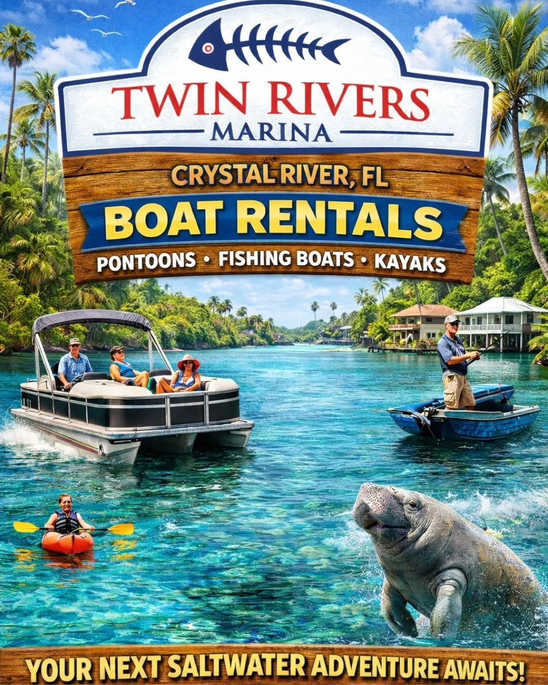 Ready to hit the water? 🚤🌴

Your next saltwater adventure starts at Twin Rivers Marina! Cruise Kings Bay, explore the famous springs, spot manatees, or head straight to the Gulf to fish and relax.

⚓ Pontoon Rentals
🎣 Carolina Skiffs
🛶 Kayaks
🌊 