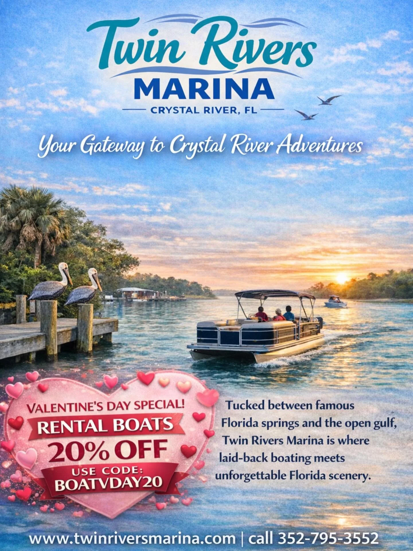 Love is in the air&hellip; and on the water 🚤

Plan something reel special this Valentine&rsquo;s Day with a boat day from Twin Rivers Marina. Cruise the springs, spot manatees, soak up the sunshine, and make memories that beat dinner reservations a