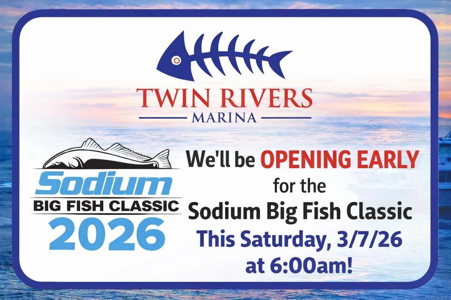 Big Fish Classic anglers 🎣
Twin Rivers Marina will be open at 6AM Saturday, March 7th so you can stop by and grab fuel, bait, ice, and all the gear you need before heading out! See you on the water! 😎@sodiumfishinggear #crystalriver #crystalriverfl