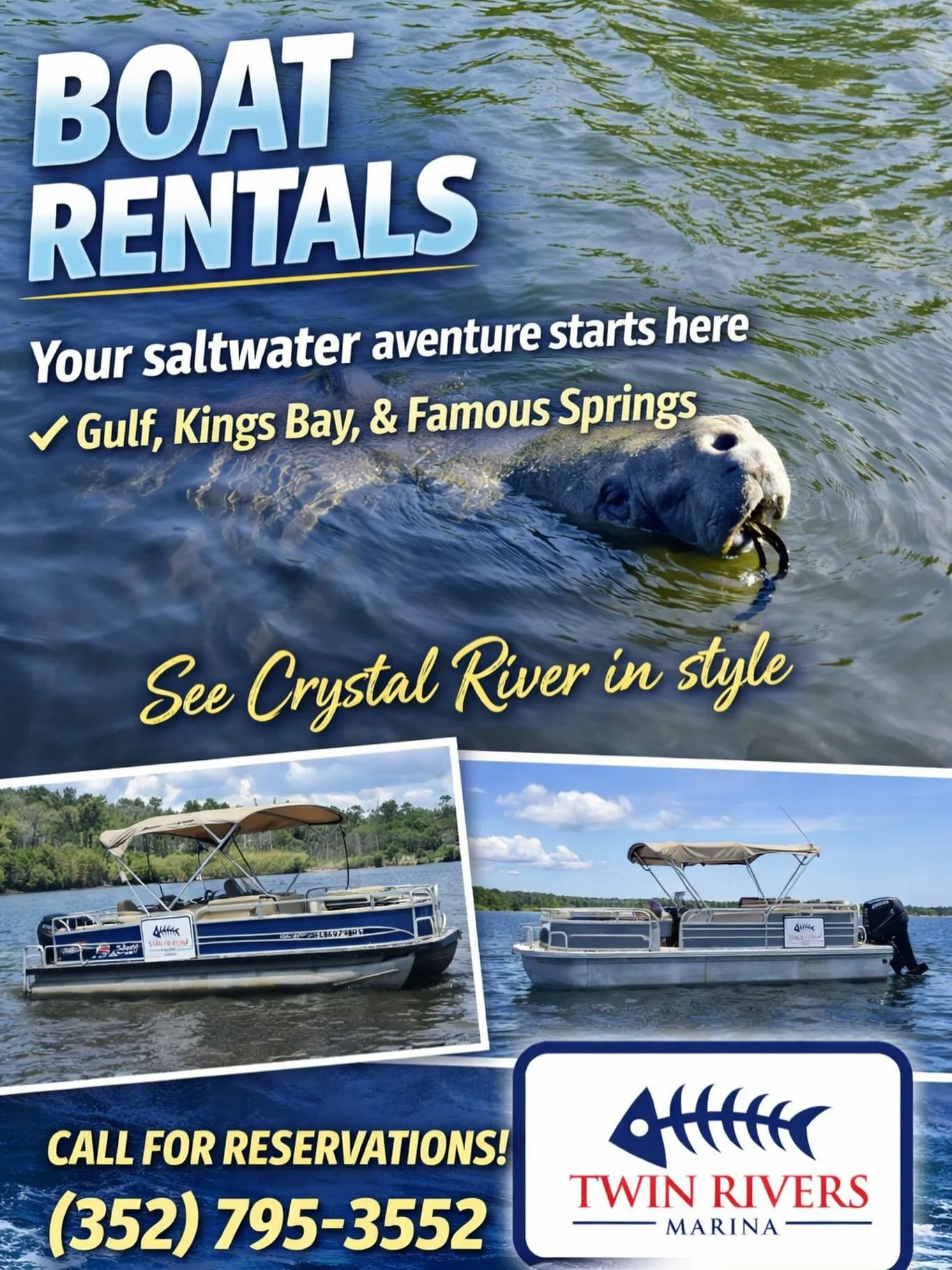 Your next adventure is calling 🌊🚤

Cruise the Gulf, explore Kings Bay, and discover Crystal River&rsquo;s famous springs&mdash;all from the comfort of our premium rental boats. Whether you&rsquo;re here for wildlife, relaxation, or a full day on th