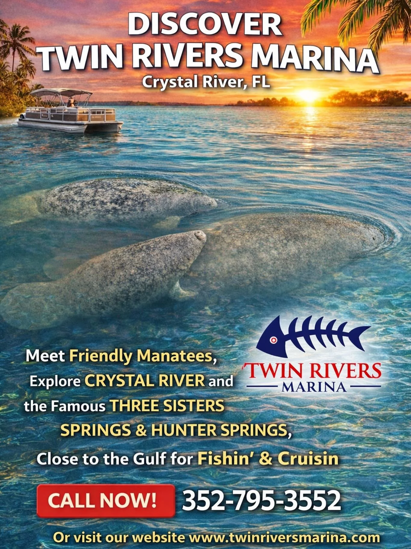 Discover the beauty of Crystal River with Twin Rivers Marina&mdash;where every day is a chance to explore, relax, and make memories. Cruise to the famous Three Sisters Springs, visit Hunter Springs, or head out to the Gulf for the perfect day of fish