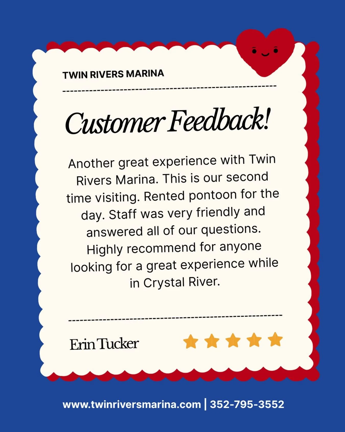 Another happy customer ⭐️⭐️⭐️⭐️⭐️
Nothing means more to us than hearing about your great experiences on the water! 🚤💙 Ready to make your own memories? 🌊
Book your next adventure with us today!

📍 Crystal River, FL
📞 352-795-3552
🌐 www.twinriver