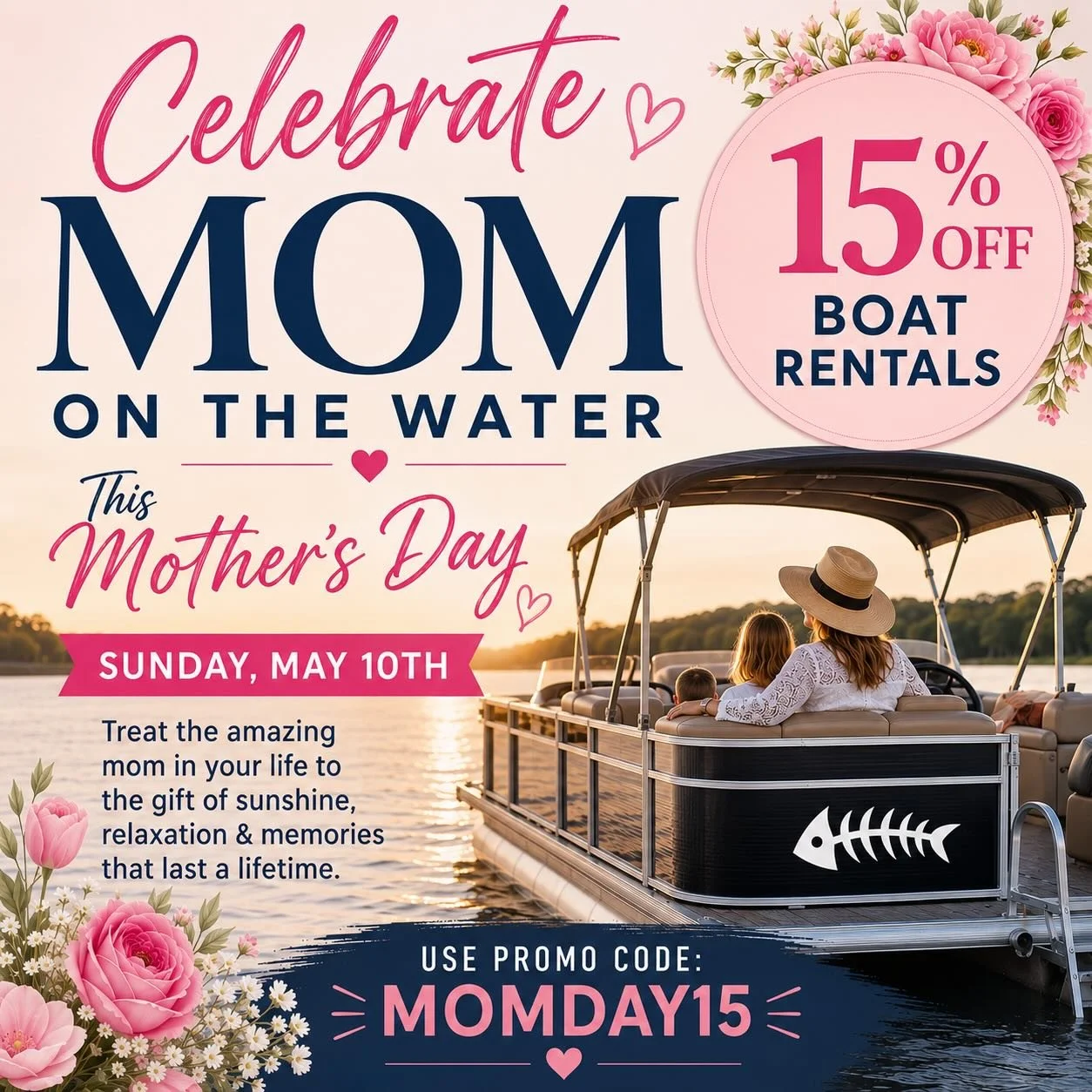 Celebrate Mom on the Water this Mother&rsquo;s Day! 🌸

Treat the amazing moms in your life to sunshine, relaxation, and memories that last a lifetime with 15% OFF boat rentals this Sunday, May 10th only! ☀️🚤

Use promo code: MOMDAY15

✨ Perfect for
