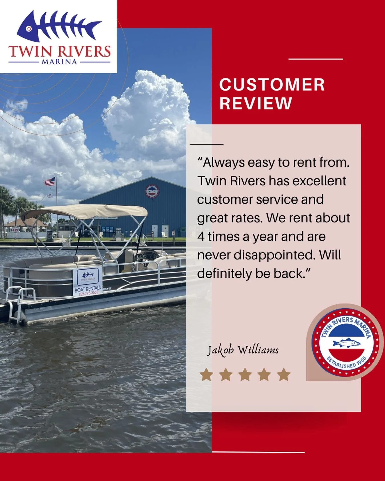 ⭐️⭐️⭐️⭐️⭐️

Nothing makes us happier than hearing from returning customers! Thank you for the kind words and for choosing Twin Rivers Marina year after year.

Whether you&rsquo;re looking for a premium boat rental, secure boat storage, fuel, or a ful