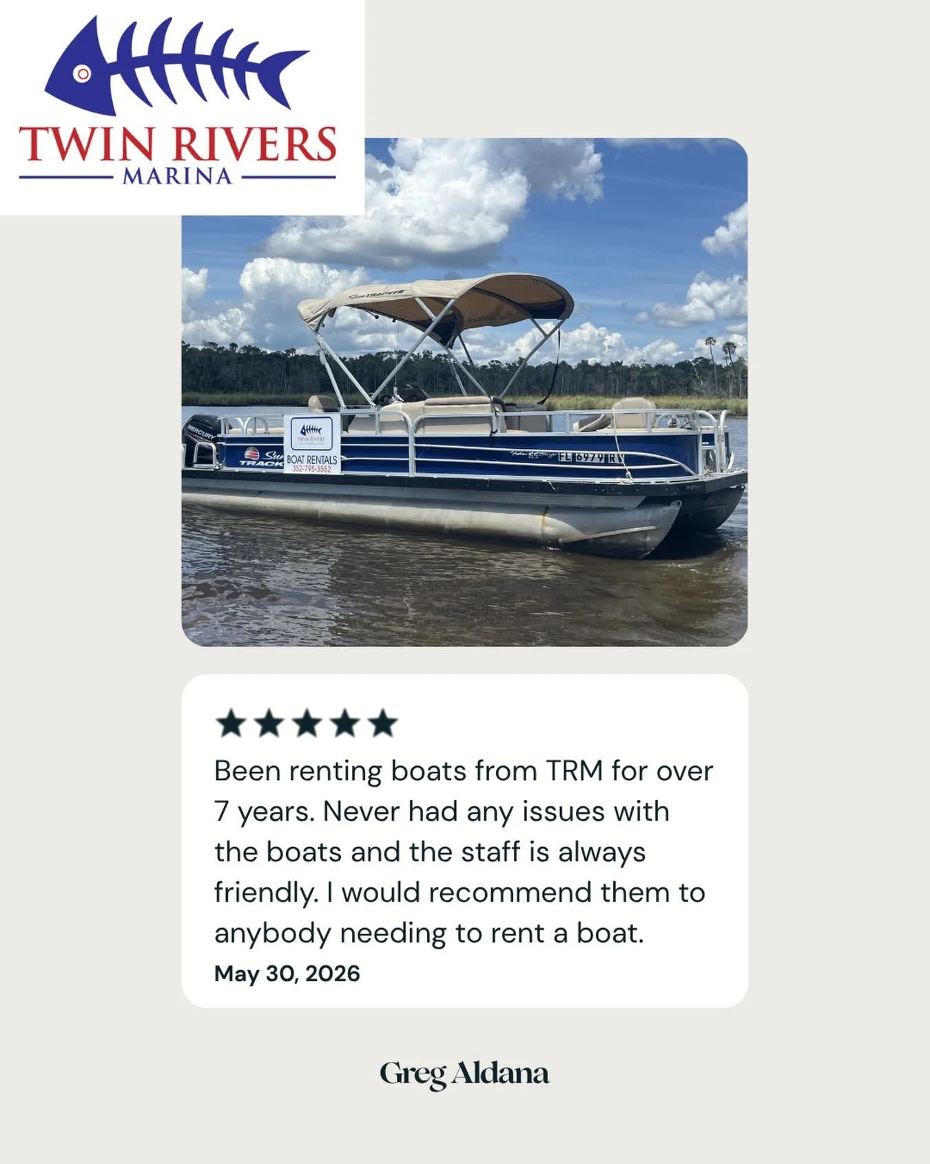 ⭐️⭐️⭐️⭐️⭐️

Nothing means more to us than hearing from happy customers! Thank you, Greg, for trusting Twin Rivers Marina for your boating adventures over the past 7 years.

Whether you&rsquo;re looking for a premium rental boat, secure boat storage, 