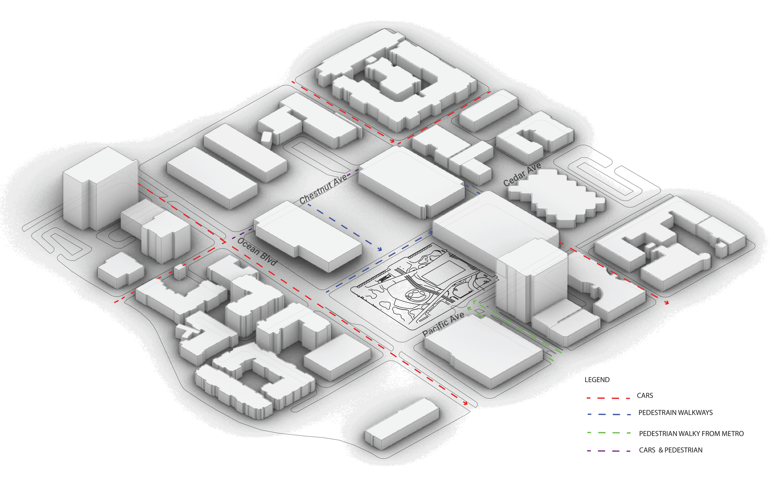 1.A Axonometric circulation map of the Civic Center in Downtown Longbeach