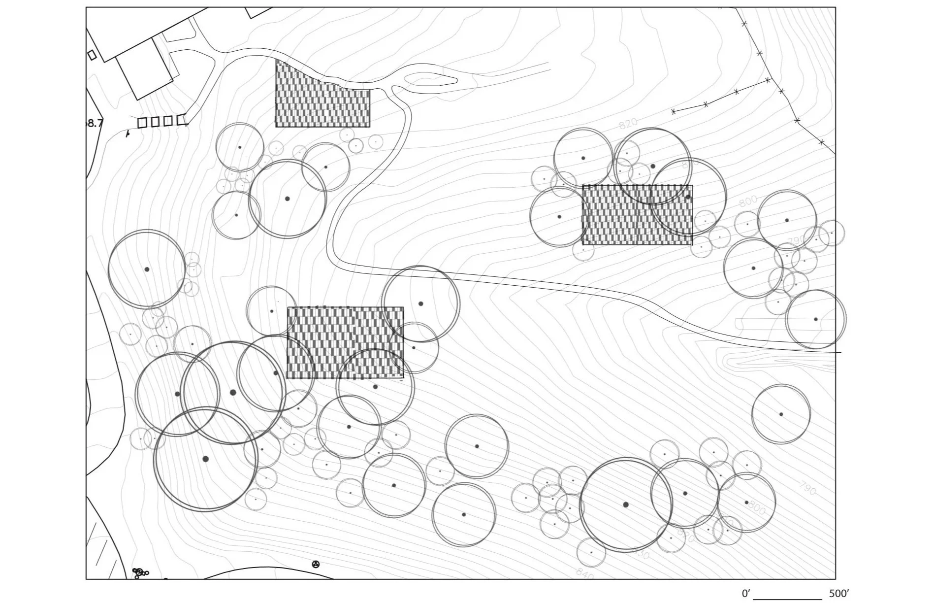 1.A Site plan of existing structures, pathways, and trees on a hillside at CalPoly Pomona
