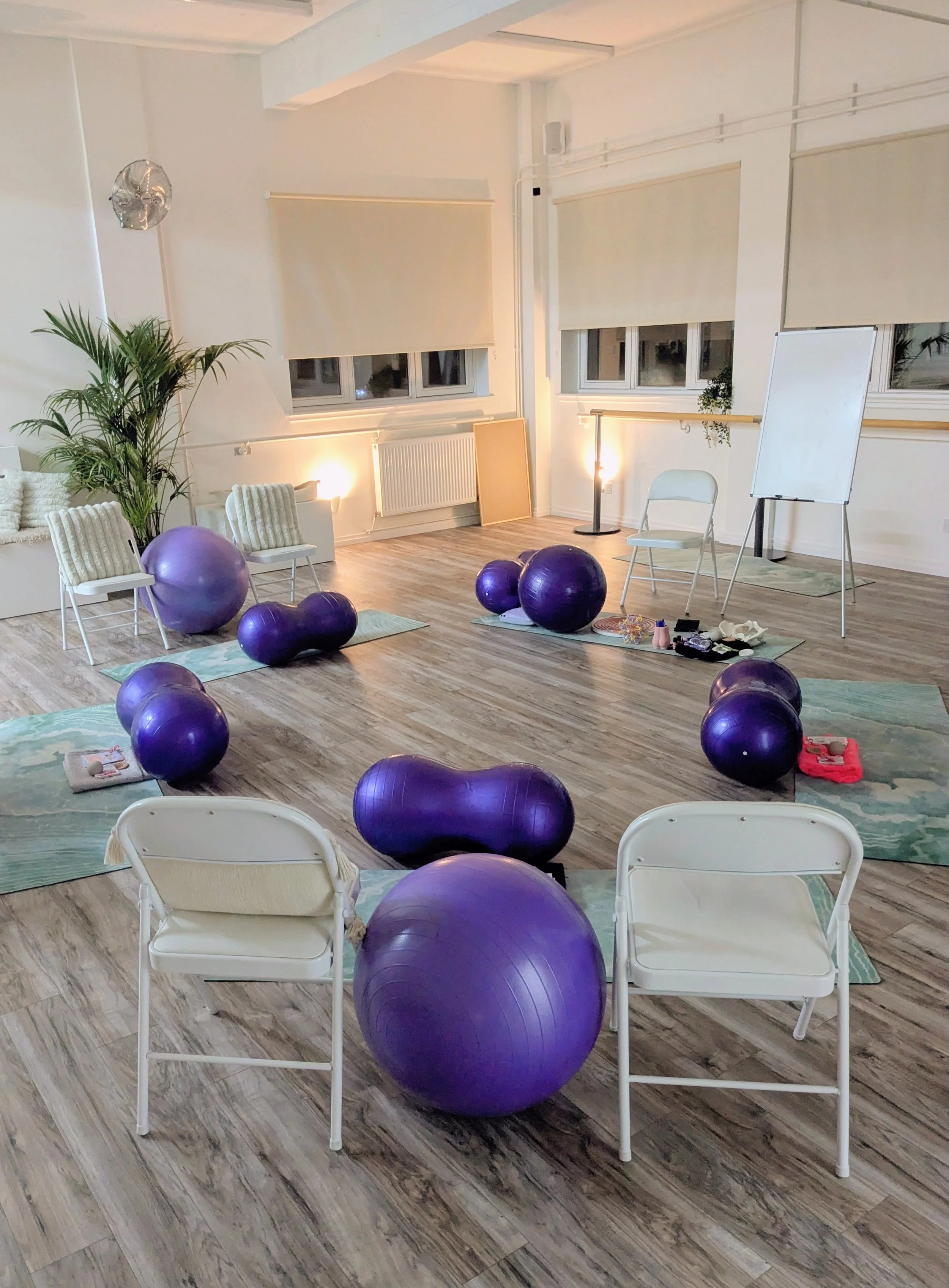 A cosy room set up for an Antenatal class in Glasgow. Showcases purple birth balls, white chairs, and yoga mats on the floor, illuminated by warm lighting, with large windows and minimal decoration.