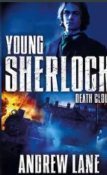 Book cover for 'Young Sherlock: Death Cloud' by Andrew Lane featuring a young Sherlock Holmes against a blue-toned background with a silhouette of a city and an explosion in the lower left corner.