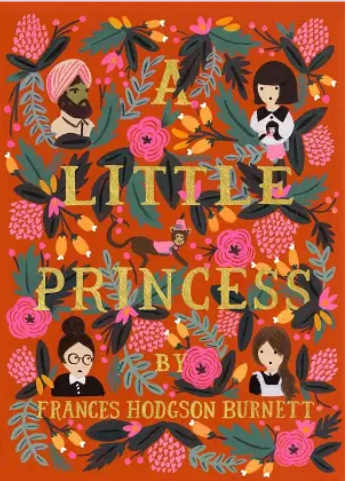 Colorful book cover for "A Little Princess" by Frances Hodgson Burnett featuring illustrated children, animals, and floral patterns.