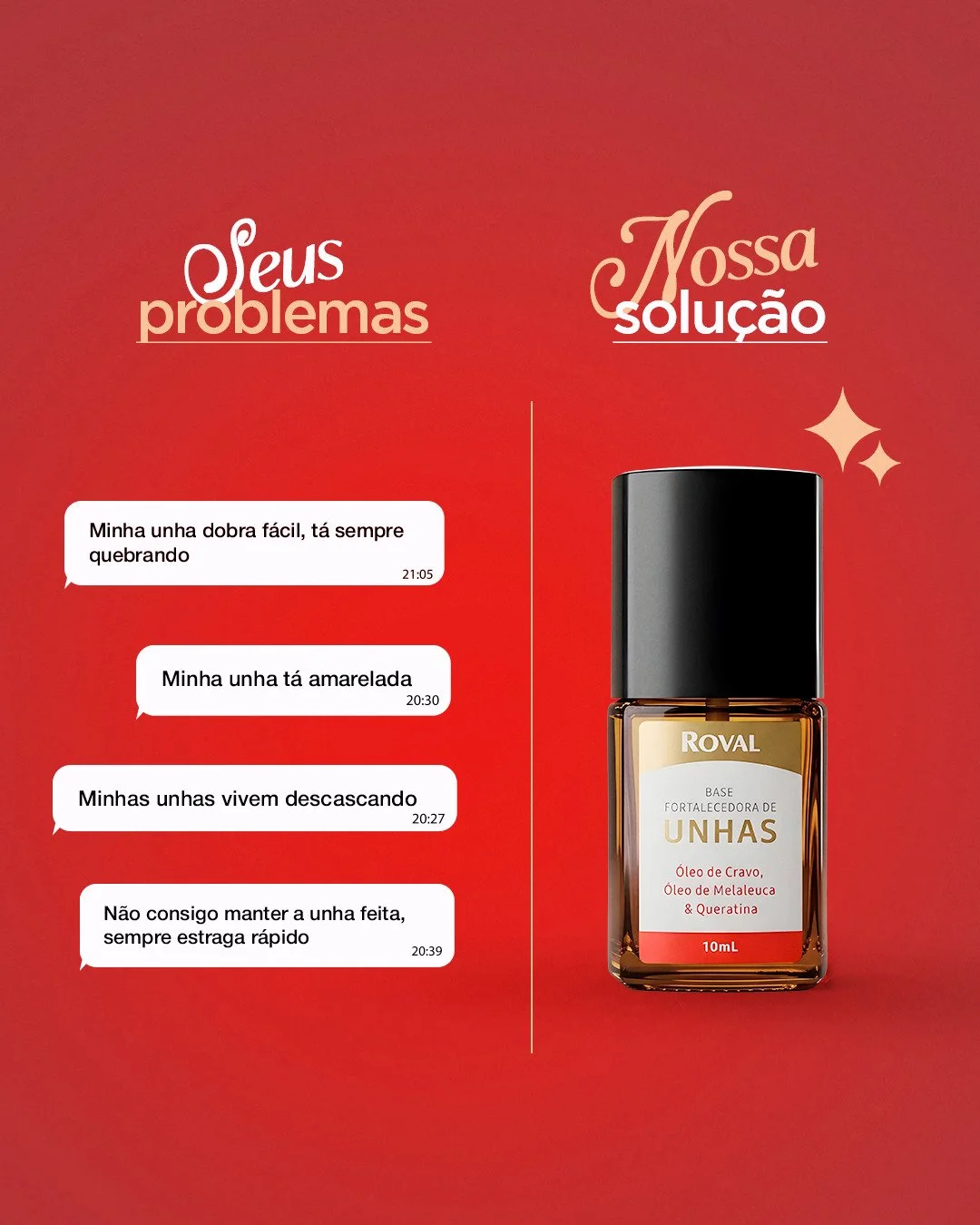 Unha fraca, descascando, amarelada, quebrando &agrave; toa? Esse post &eacute; pra voc&ecirc;. 💅😩

✨ A Base Fortalecedora Roval entra como tratamento completo:
✔️ Fortalece e devolve a resist&ecirc;ncia
✔️ Combate fungos e bact&eacute;rias
✔️ Ajuda