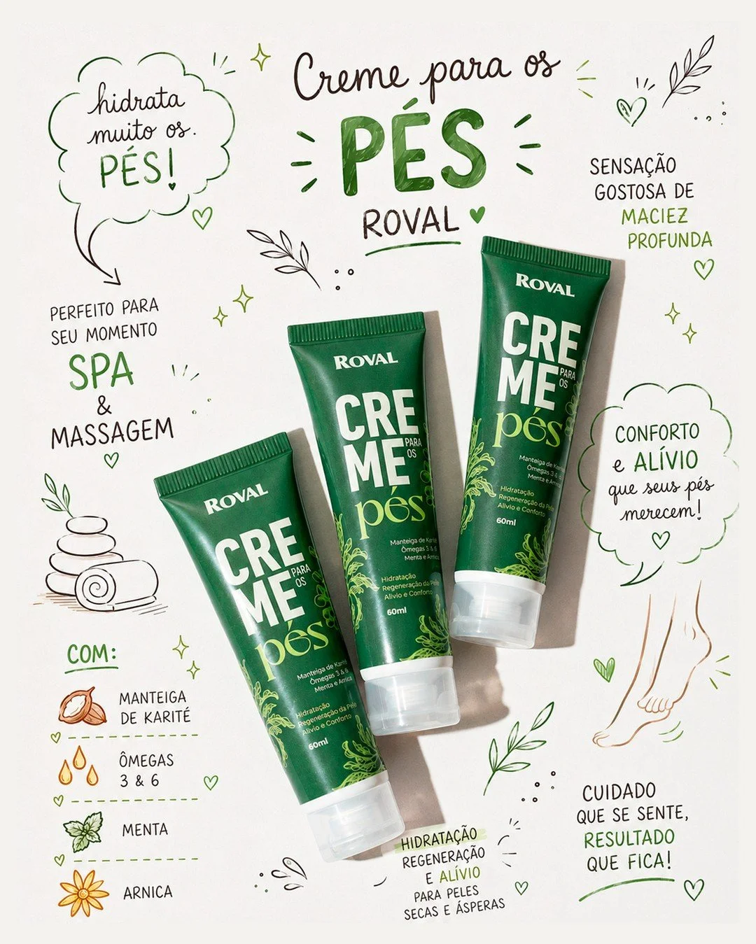 A est&eacute;tica de hoje t&aacute; diferente, mas o produto voc&ecirc;s j&aacute; conhecem. ❤️✨

O nosso Creme para os P&eacute;s &eacute; aquele al&iacute;vio refrescante perfeito pra finalizar o dia. Com Manteiga de Karit&eacute;, &Ocirc;megas, Me