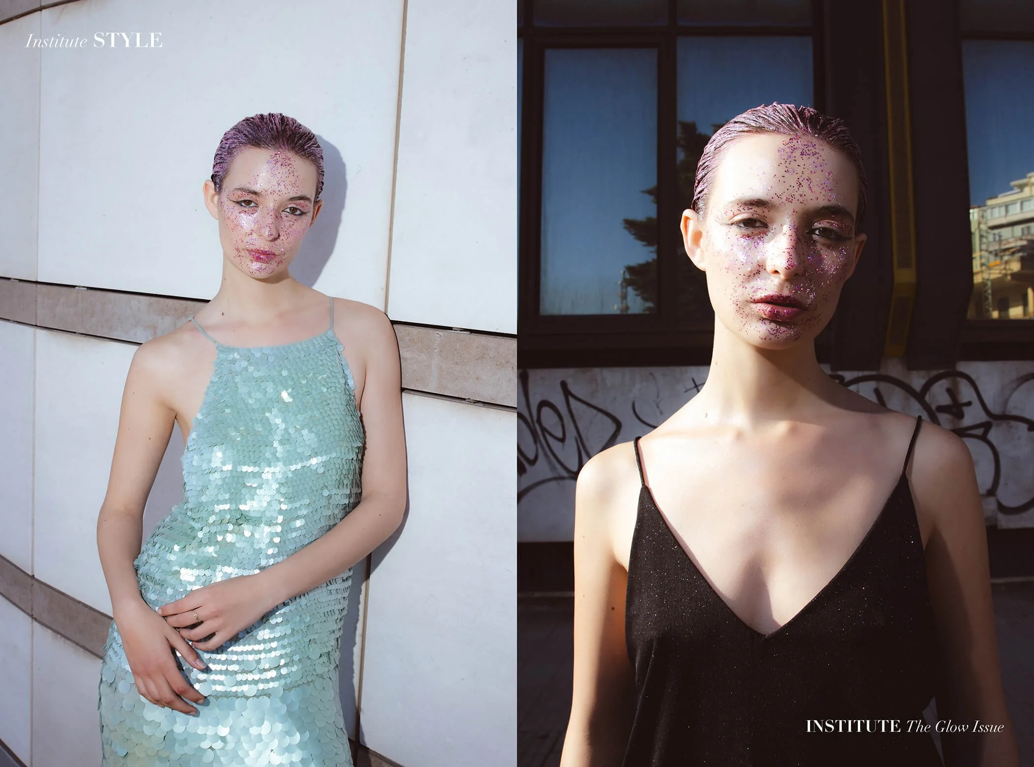 Institute Magazine - pagine di un web magazine con una ragazza vestita di verde e di nero su uno sfondo urbano