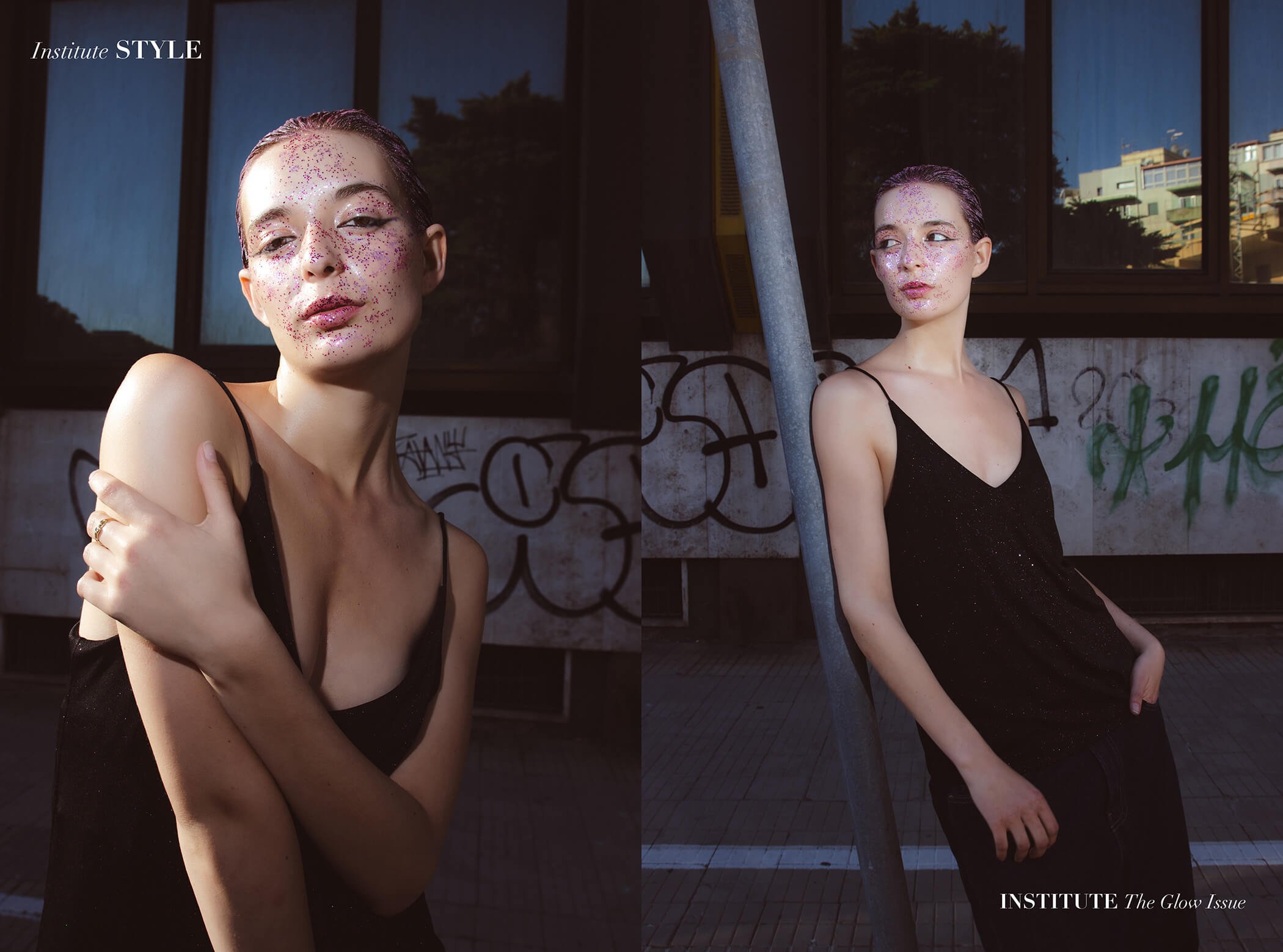 Institute Magazine - pagine di un web magazine con una ragazza vestita di nero su uno sfondo urbano