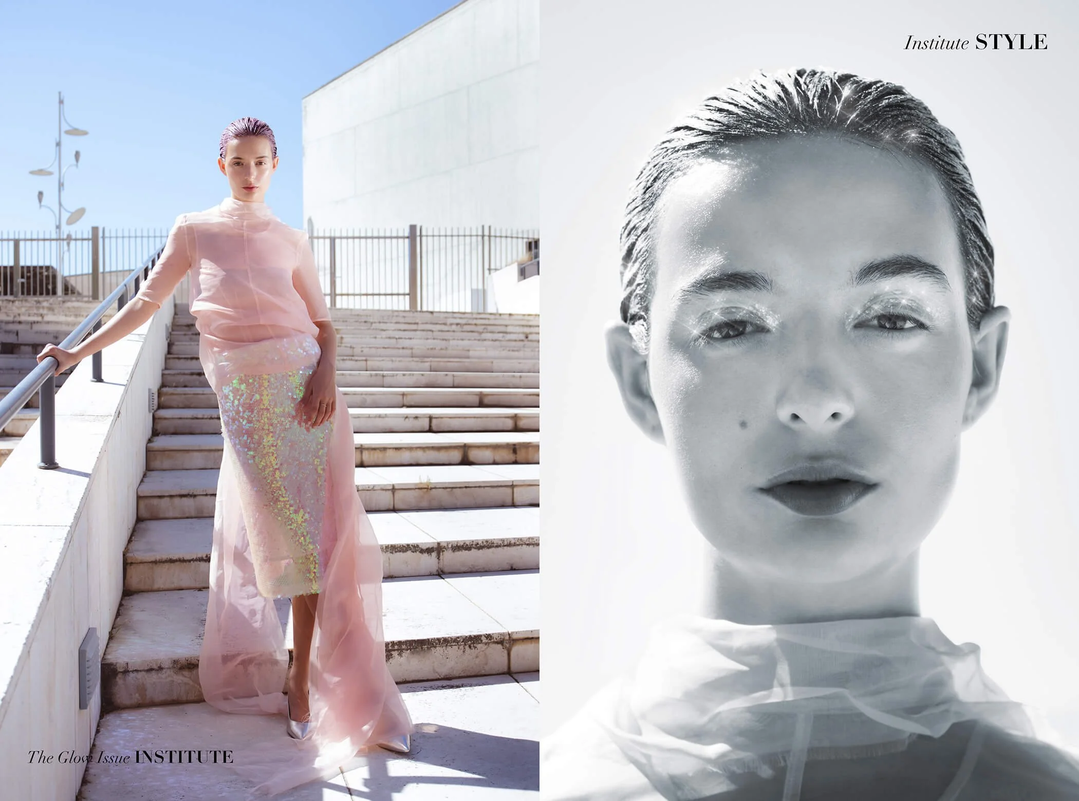 Institute Magazine con una ragazza vestita di rosa e una gonna su uno sfondo urbano e un primo piano in bianco e nero