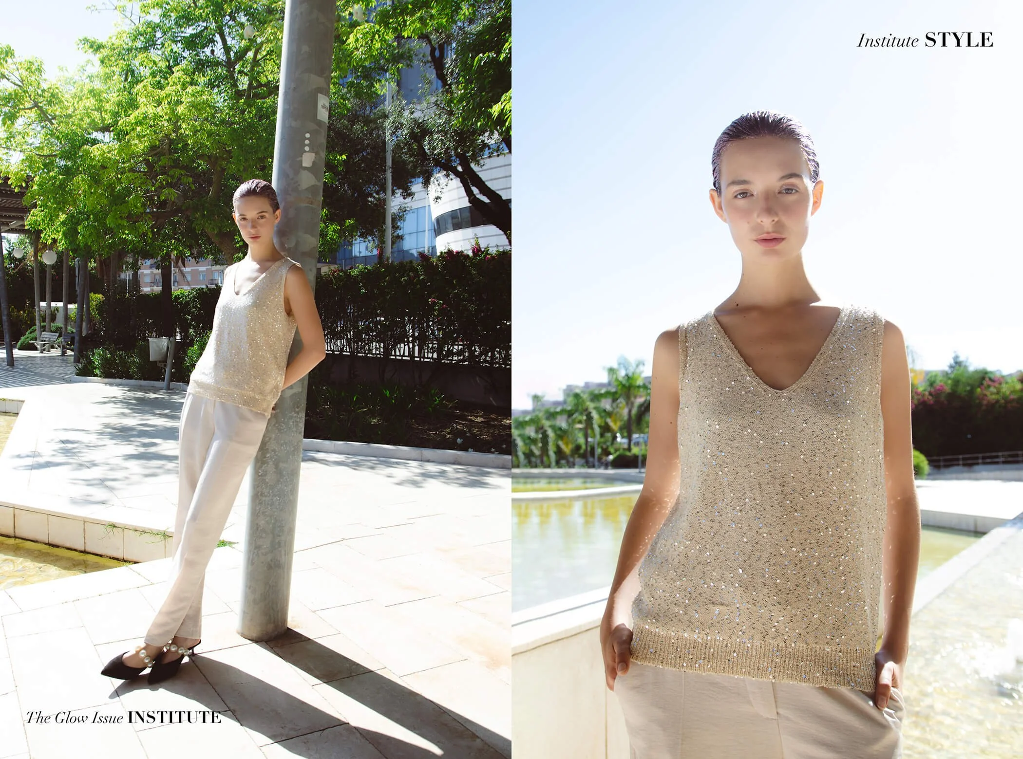 Institute Magazine - pagine di un web magazine con una ragazza vestita di beige su uno sfondo urbano