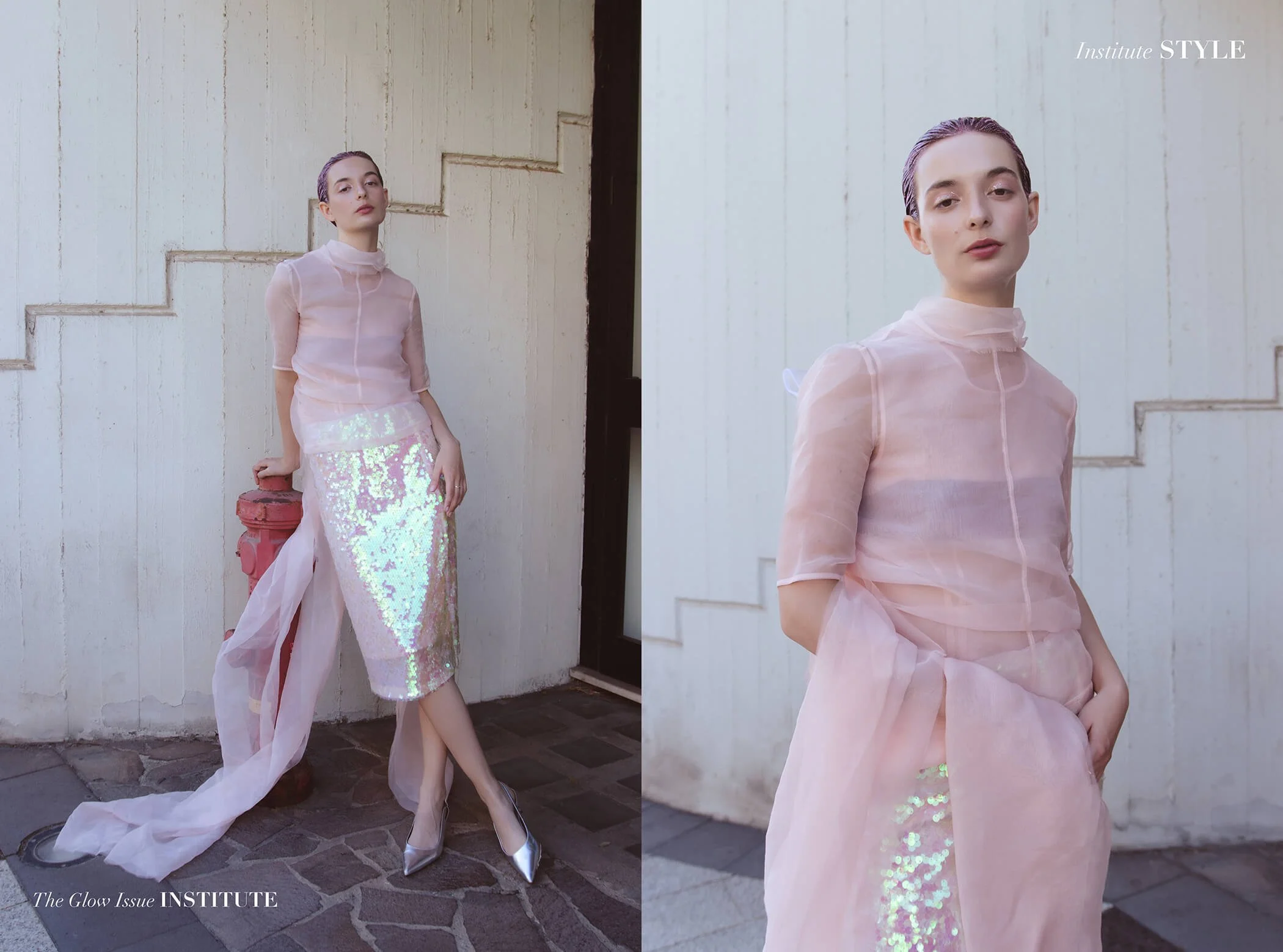 Institute Magazine - pagine di un web magazine con una ragazza vestita di rosa e una gonna brillantinata su uno sfondo urbano