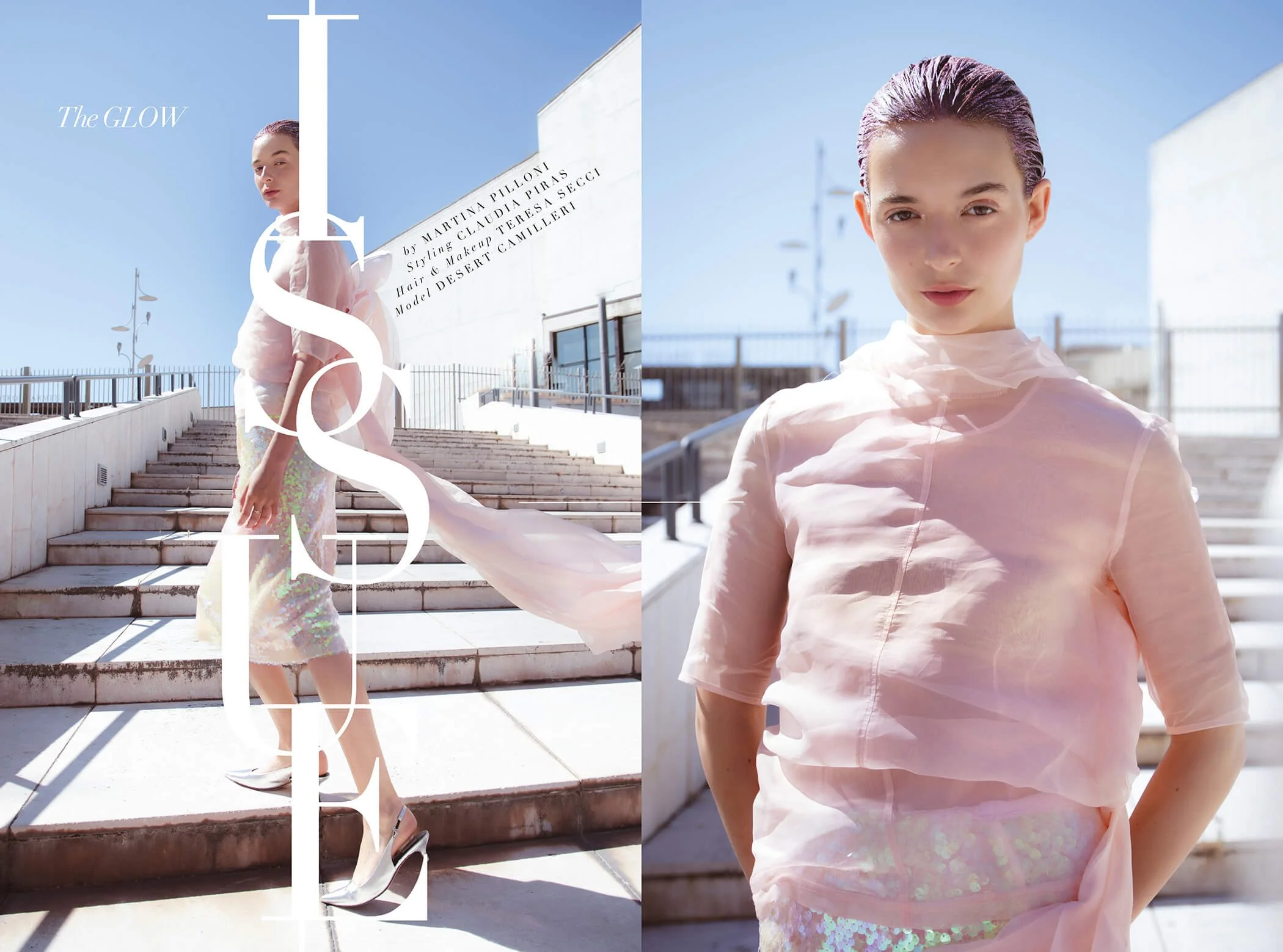 Prima pagina del magazine Institute Magazine con una ragazza vestita di rosa e una gonna su uno sfondo urbano