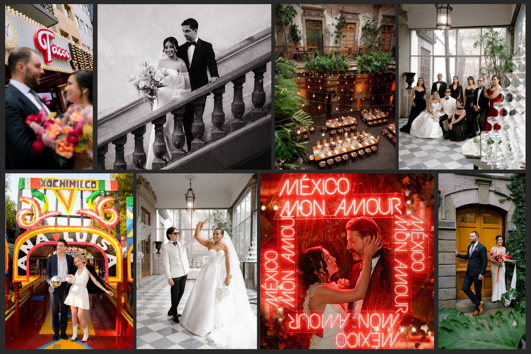 Collection of wedding and elopement photographs from Mexico City featuring historic venues, elegant architecture, intimate celebrations, colorful city locations, and romantic portraits.