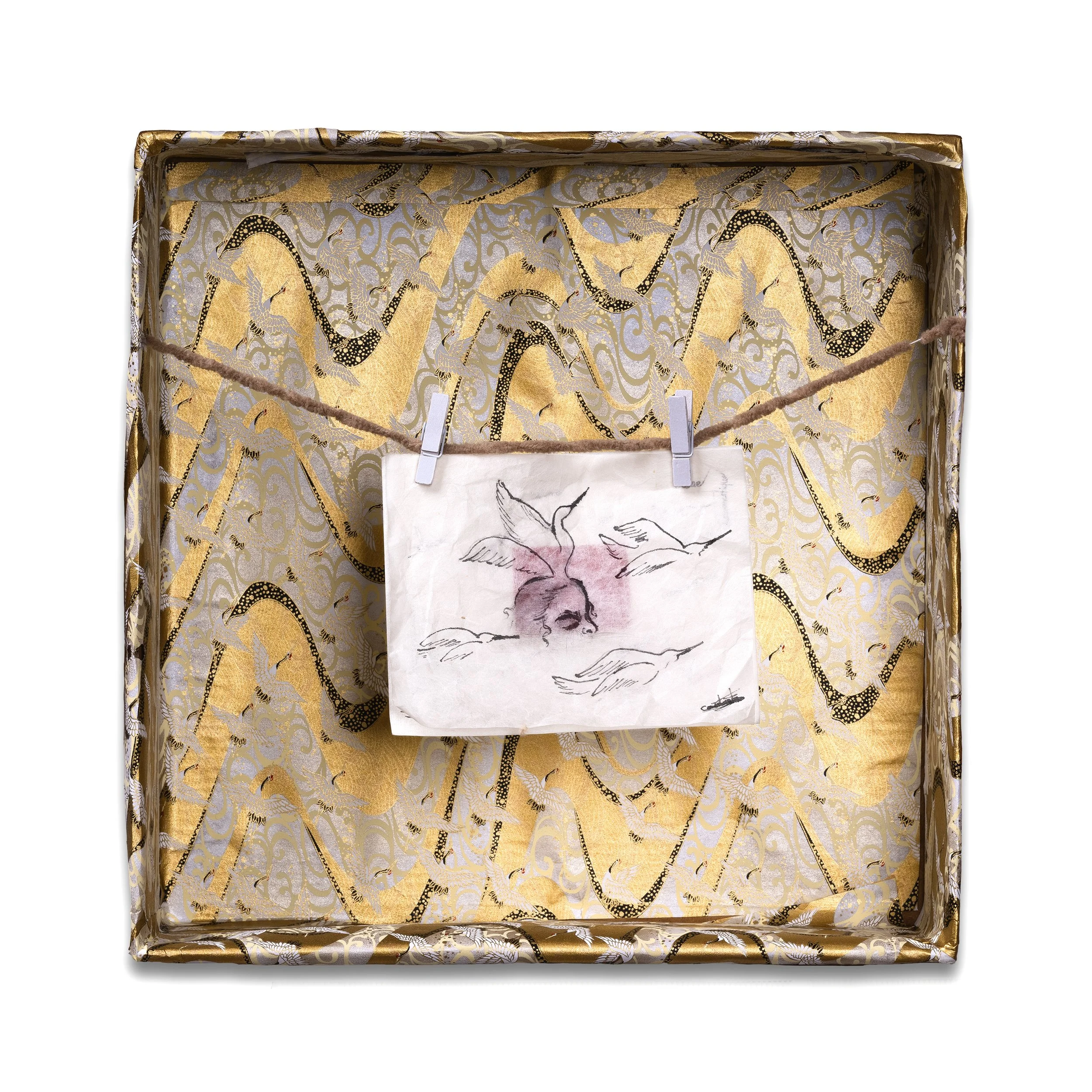 Caged Spirit, Wing of Wind, Pencil, Japanese papers, rope, clothespin, 2024, 20.08 × 15.75 in