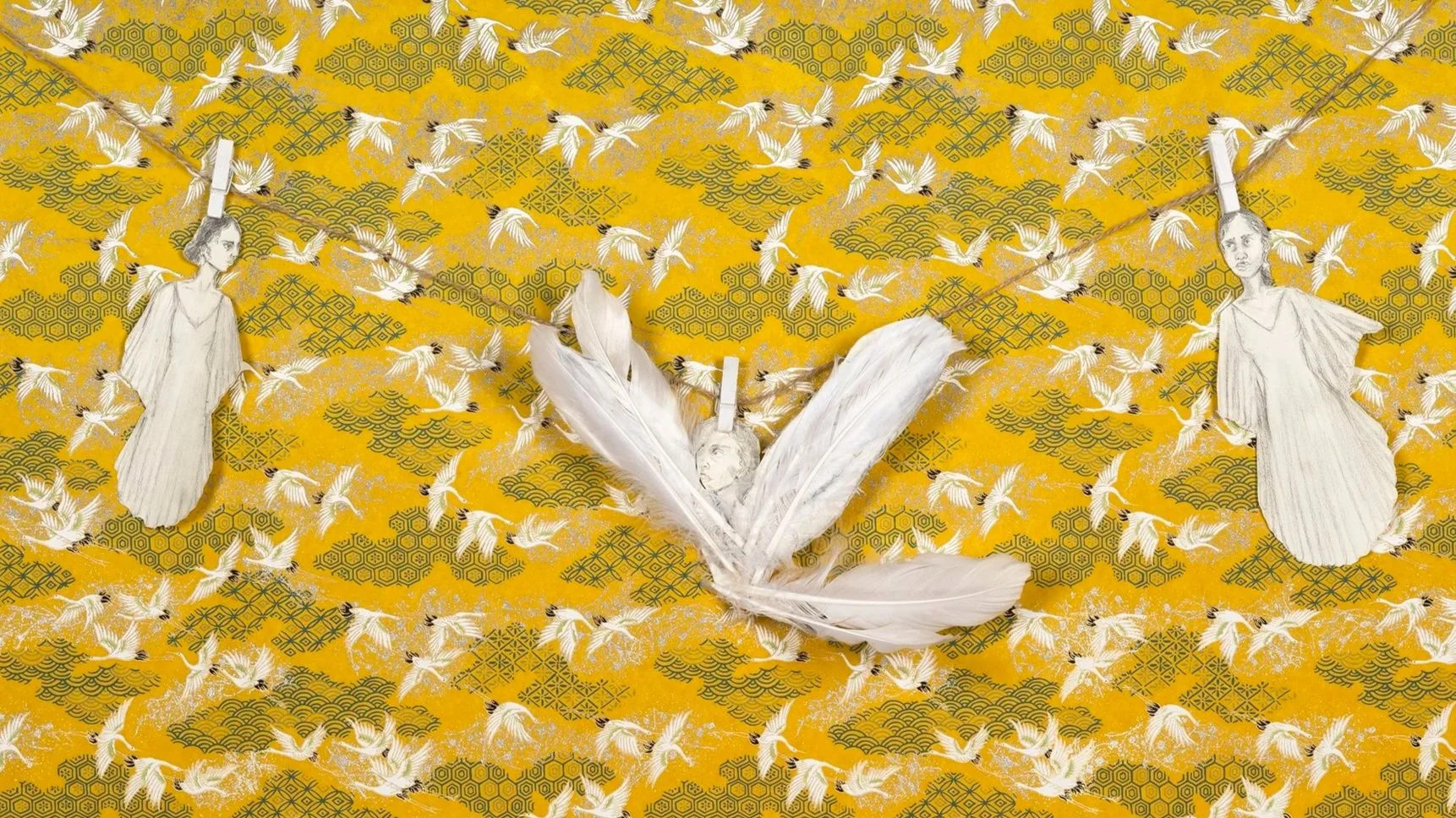 Le murmure captif, Pencil, Japanese papers, plastic feathers, rope, clothespin, 2024, 39.37 × 26.57 in