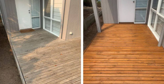 Refinished Comparison of a wooden deck before and after restoration, showing improved and finished surface in the after photo.