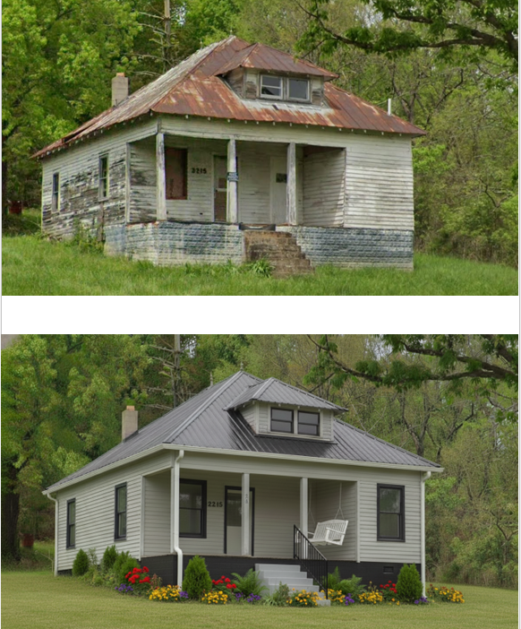 Comparison of an old, run-down house before renovation and a restored, modernized house after renovation.