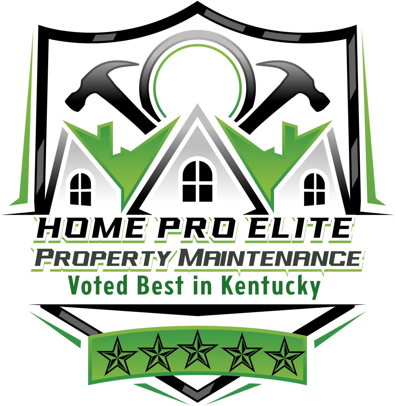 Logo for HomePro Elite Property Maintenance featuring a house with green checkmark, five-star rating, and bold text.