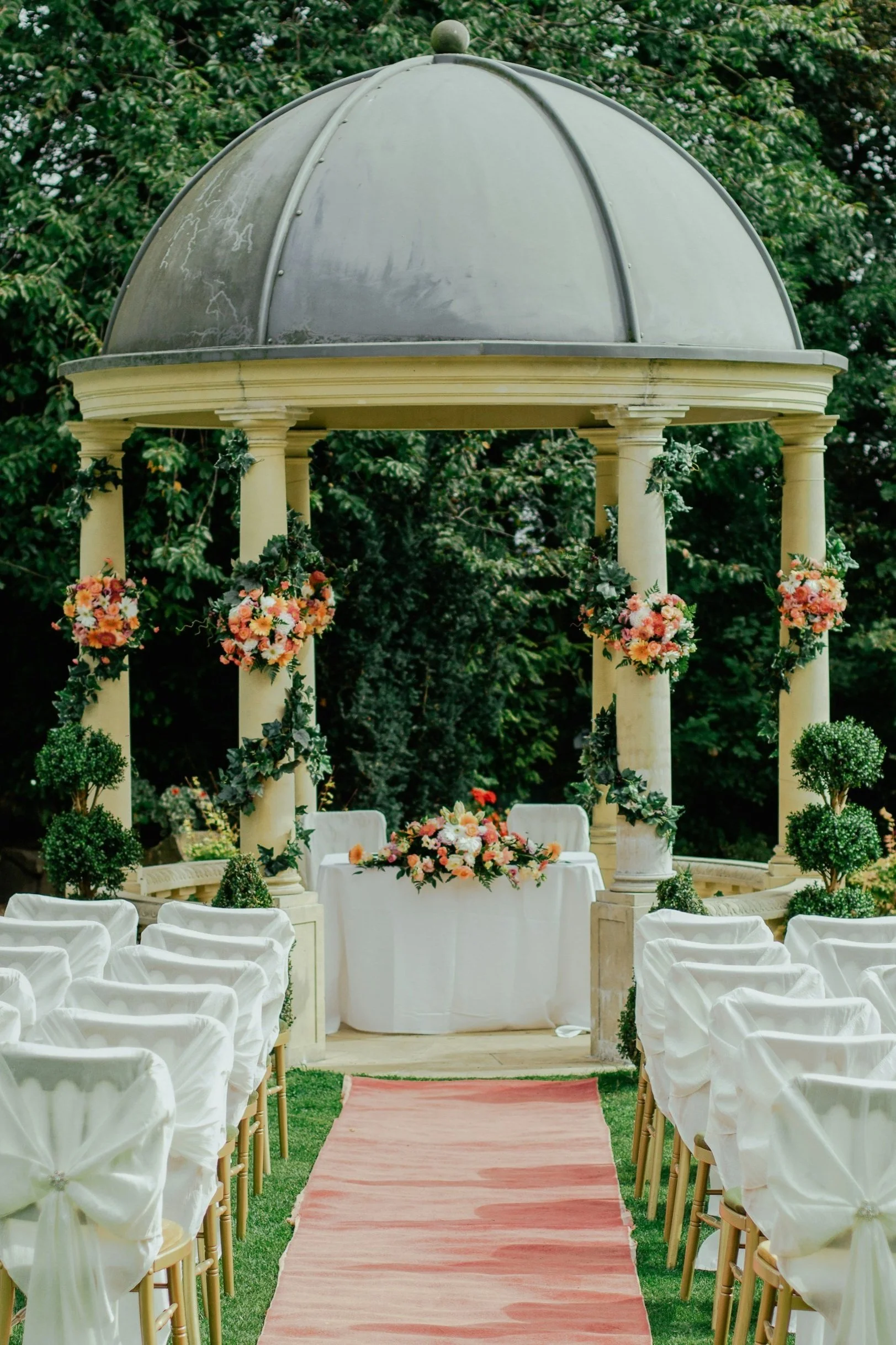 Gazebo decorated for an outdoor wedding.