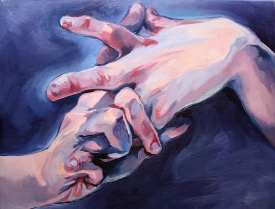 Painting of two human hands intertwined, with detailed shading and realistic colors.