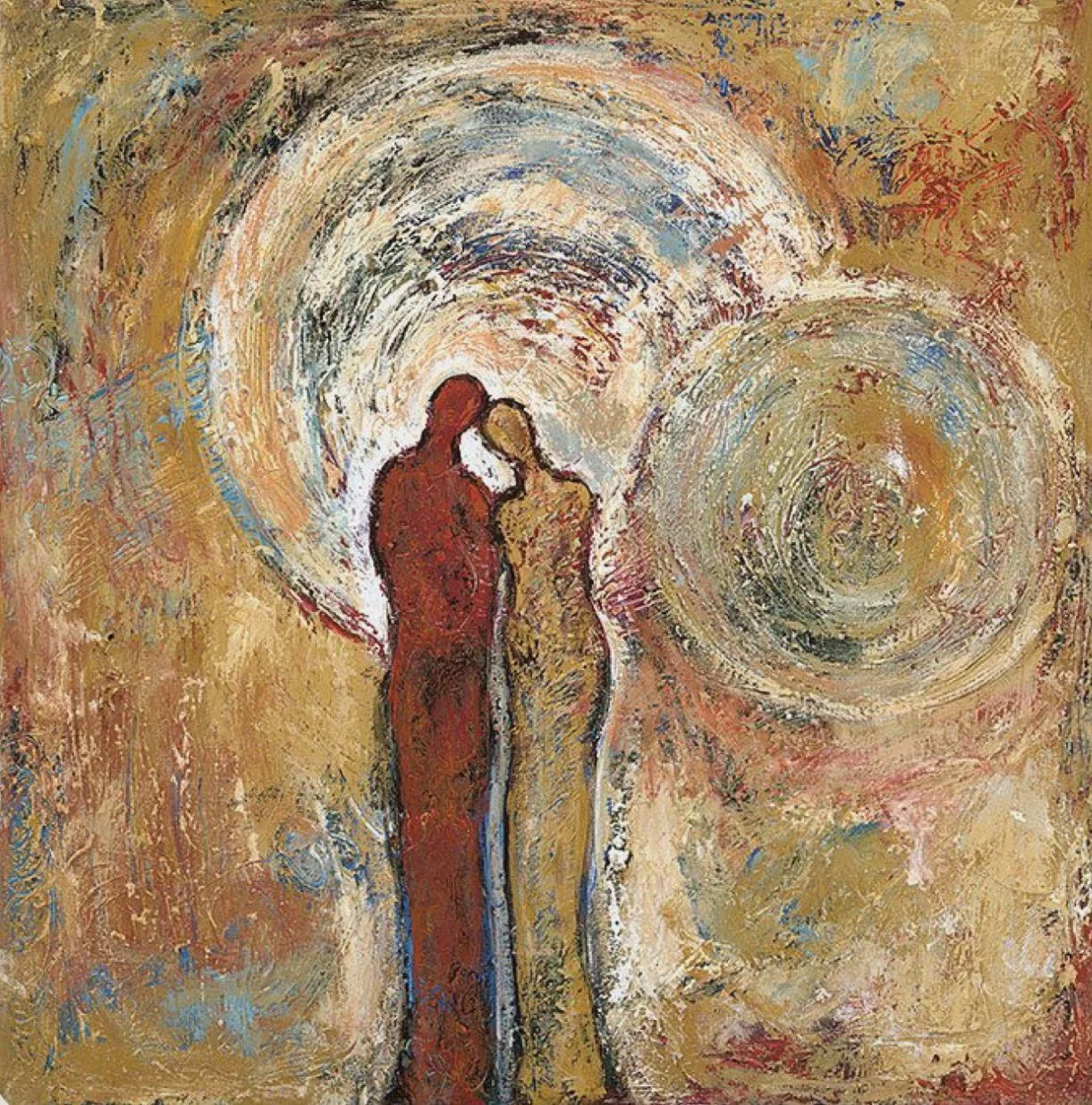An abstract painting of a couple embracing, surrounded by swirling circular patterns in warm earth tones.
