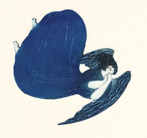 A drawing of a girl with black hair sleeping on a large, dark blue heart-shaped object, with her head resting on her hand and her legs slightly bent.