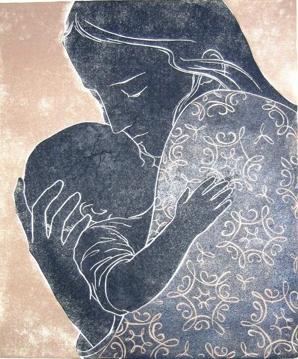 Silhouette of a mother holding her child close with intricate floral patterns on her dress.