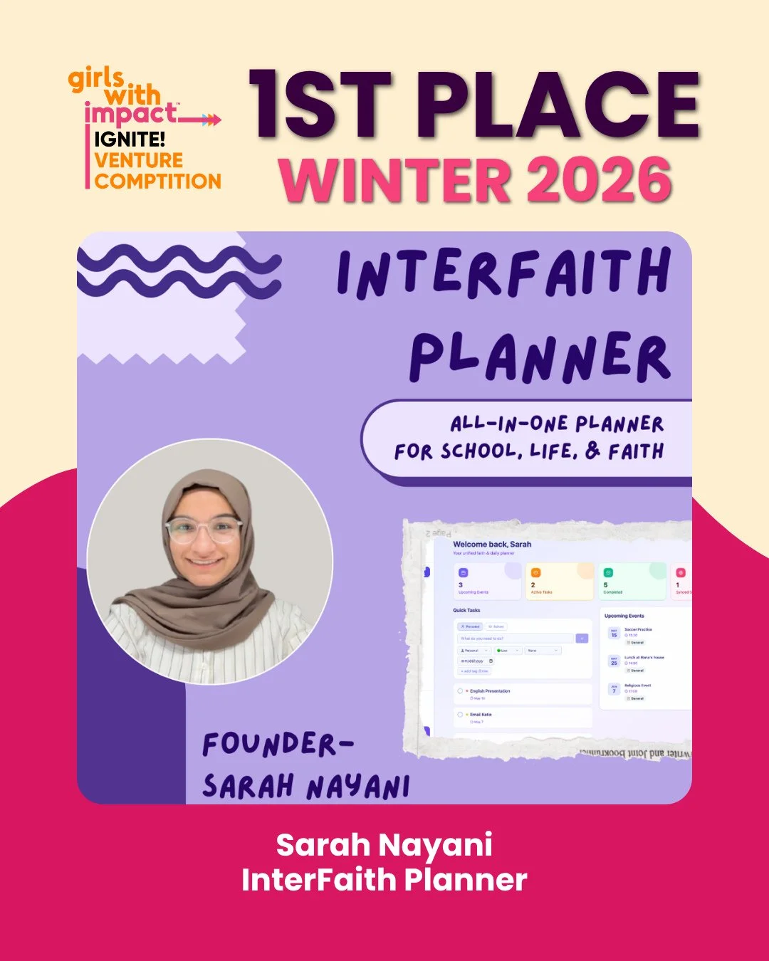 We&rsquo;re proud to announce the winners of our Winter 2026 Venture Competition! ⁠
⁠
These young women who are already identifying real-world challenges and building solutions that matter.⁠
⁠
🥇 1st Place: Sarah with InterFaith Planner &ndash; a dig