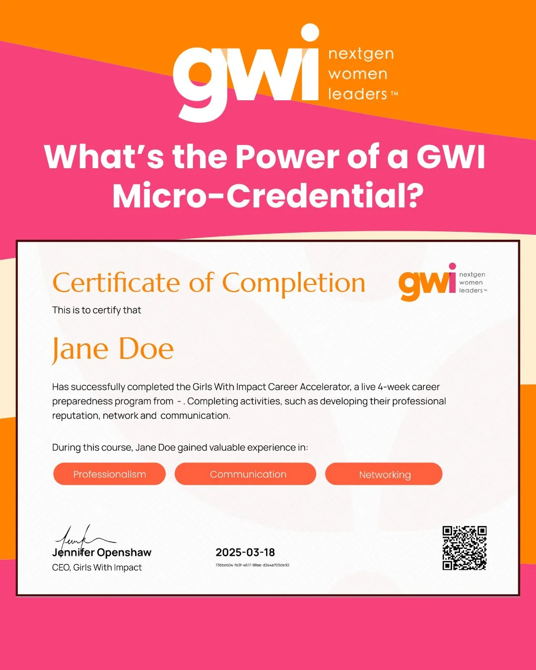 What wins in the world of AI? Proven experience. ⁠
⁠
That's why a key component of GWI's programs are the Micro-Credentials that participants earn upon completion. ⁠
⁠
These digital badges provide graduates with verifiable recognition of the skills t