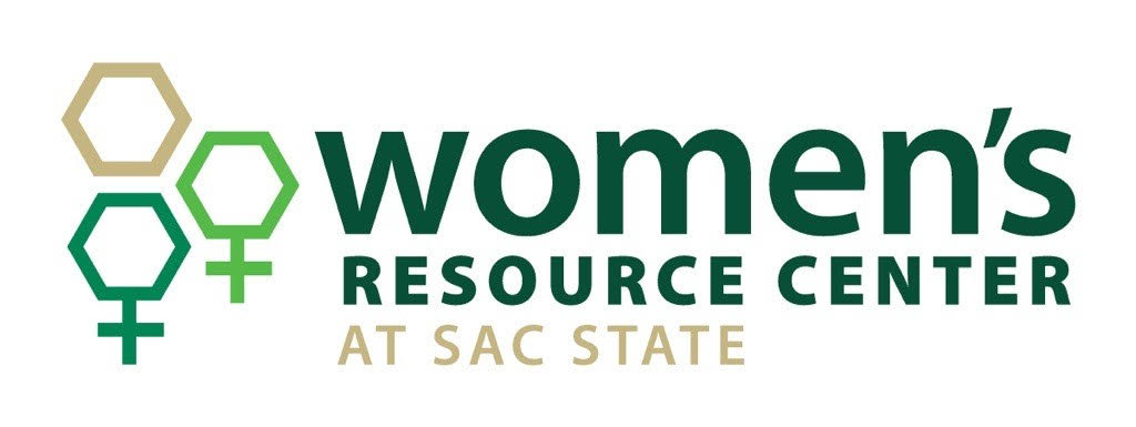 Logo for Women's Resource Center at SAC State featuring hexagon shapes and female symbols in green and gold.