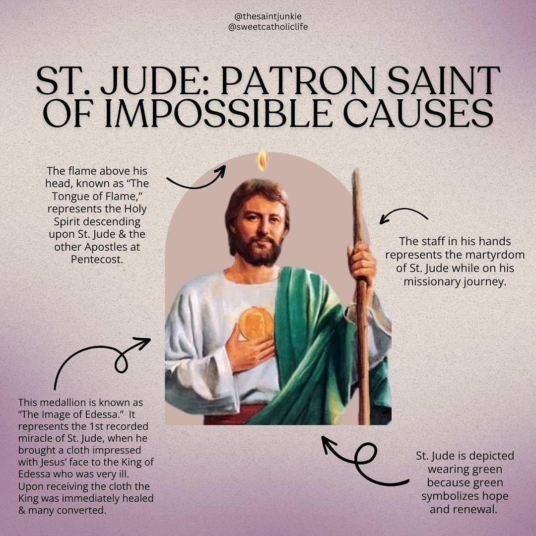 Blessed Feast of St. Jude! 💚 

➡️ Swipe through for a collection of prayers asking for the intercession of St. Jude for various intentions! ✨

St. Jude is one of Jesus&rsquo; original twelve Apostles &amp; the patron saint of hope and impossible cau