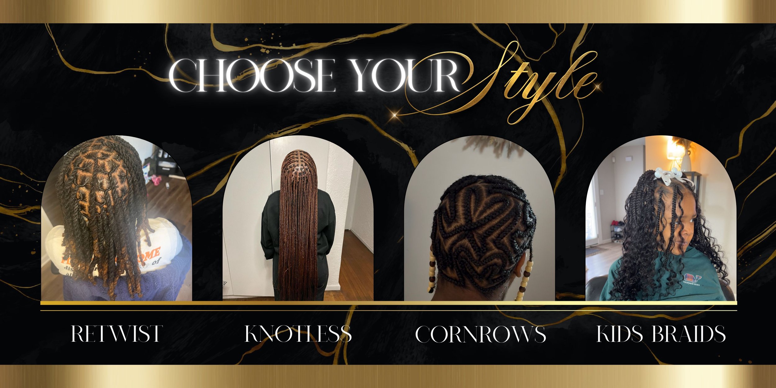 Different hairstyle options for women with four photos showcasing:
- a woman with a retwist hairstyle
- a woman with long, straight, knotless braids
- a woman with cornrows
- a woman with kids' braids, styled with a bow