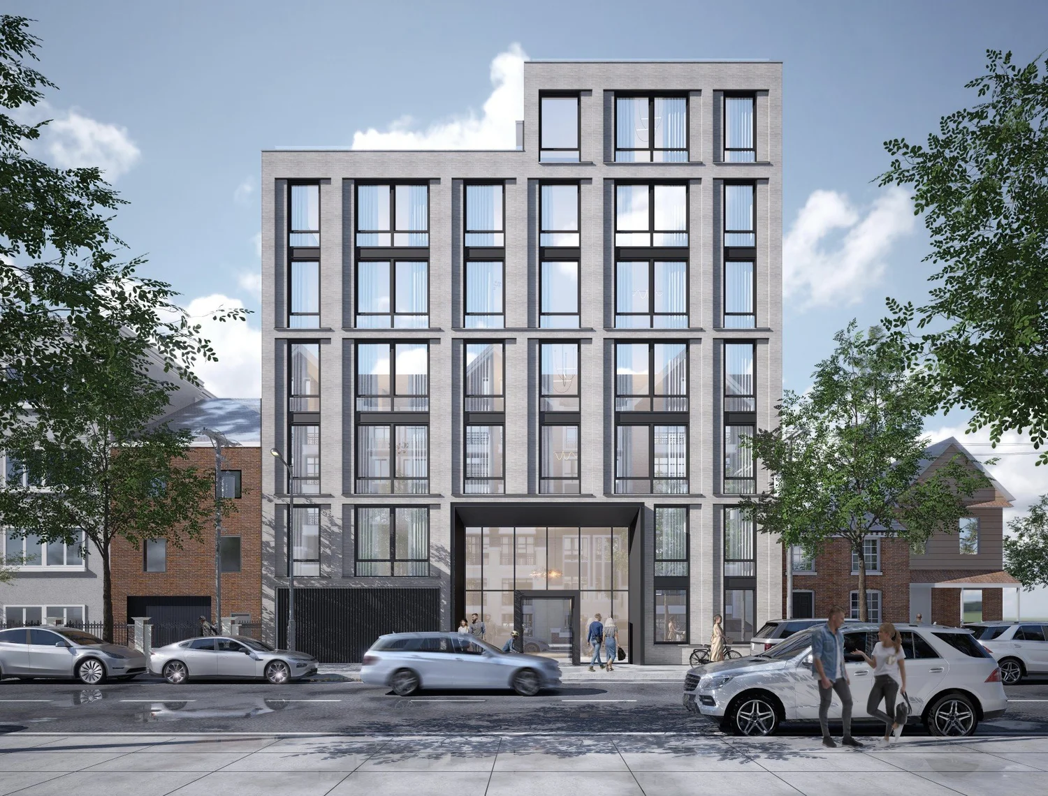 Rendering of 30-78 29th St: a mid-rise condominium building with a gray gridded facade