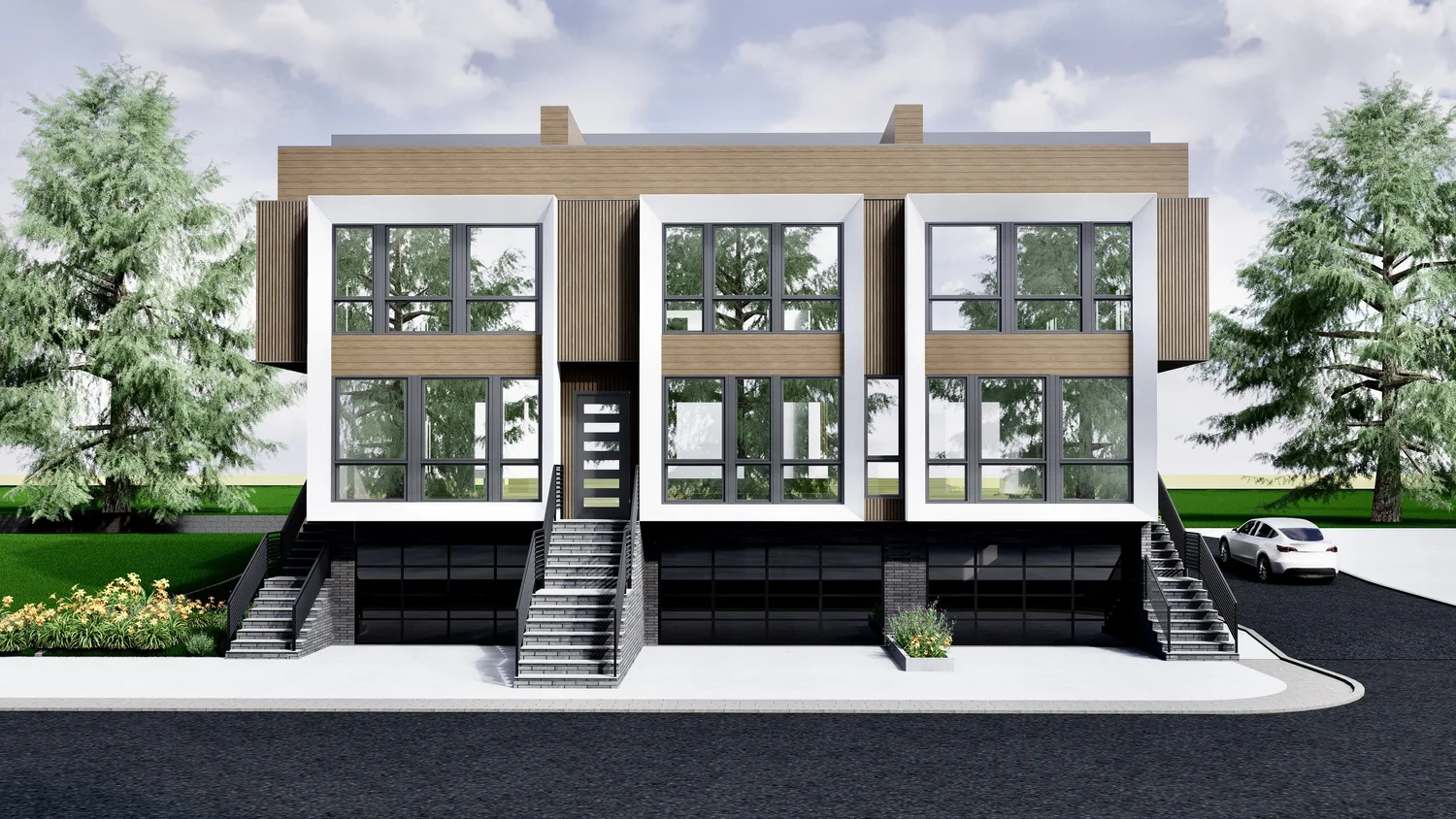 Rendering of 2453-2457 2nd St: three townhomes with white stucco, wood-tone panels and ground-level garages