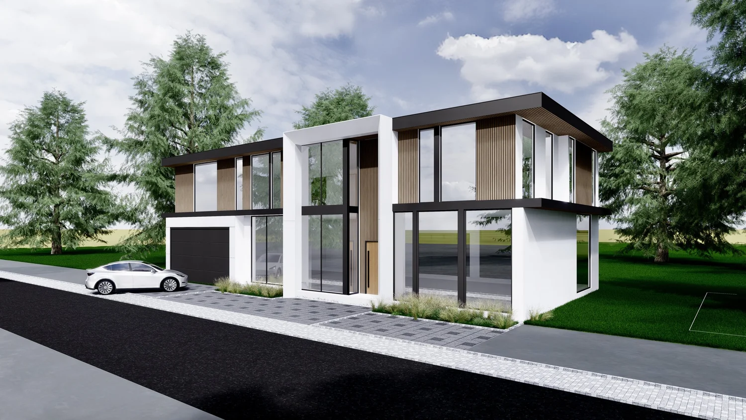 Rendering of 35 Harvard St: a modern single-family home with white volumes and wood cladding