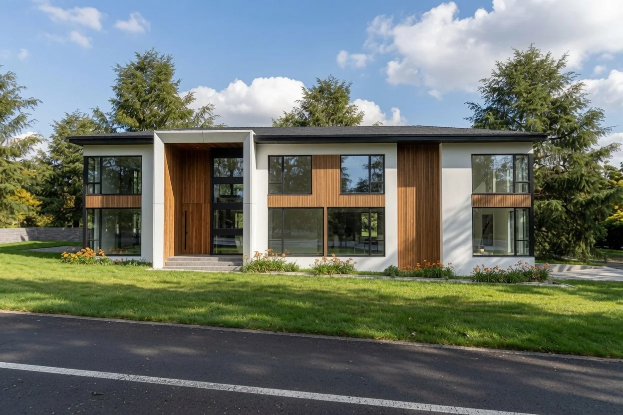 Rendering of 197 Fredrick Dr: a modern single-family home with vertical wood accents and large windows