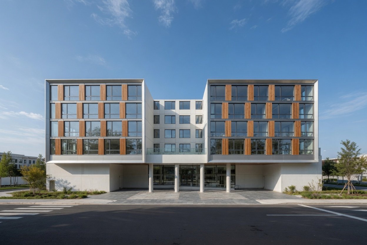 Rendering of 2468-2488 Lemoine Ave: a rental building with a white frame and wood-tone panel accents