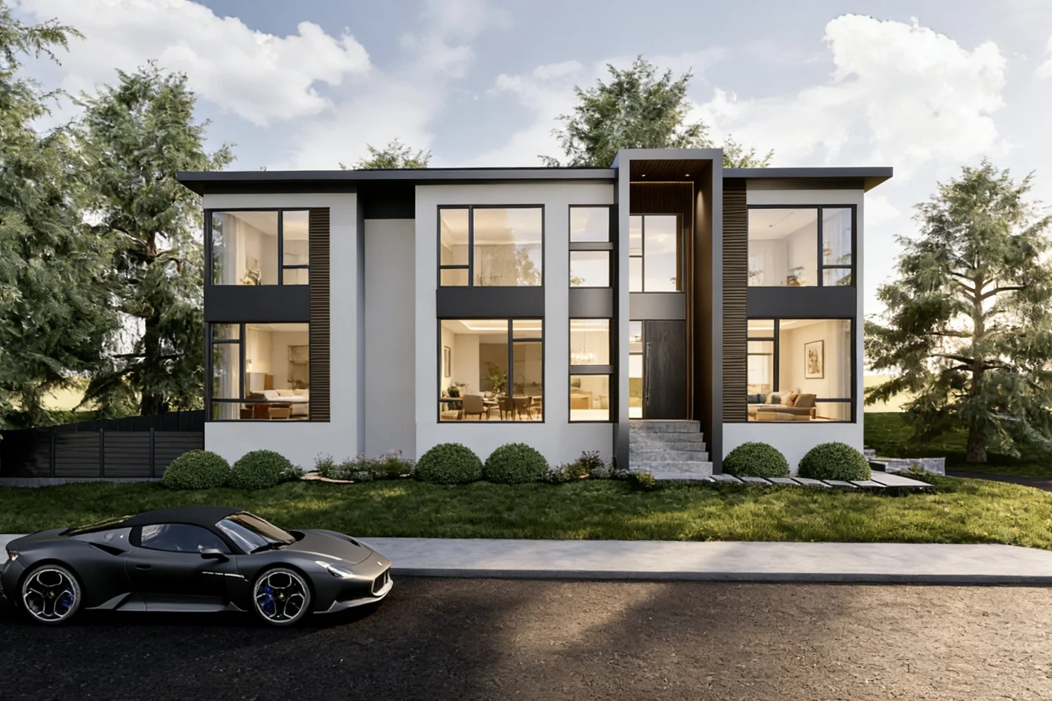 Rendering of 77 Holland Ave: a low, modern single-family home with a flat roof, large windows and a dark entry bay