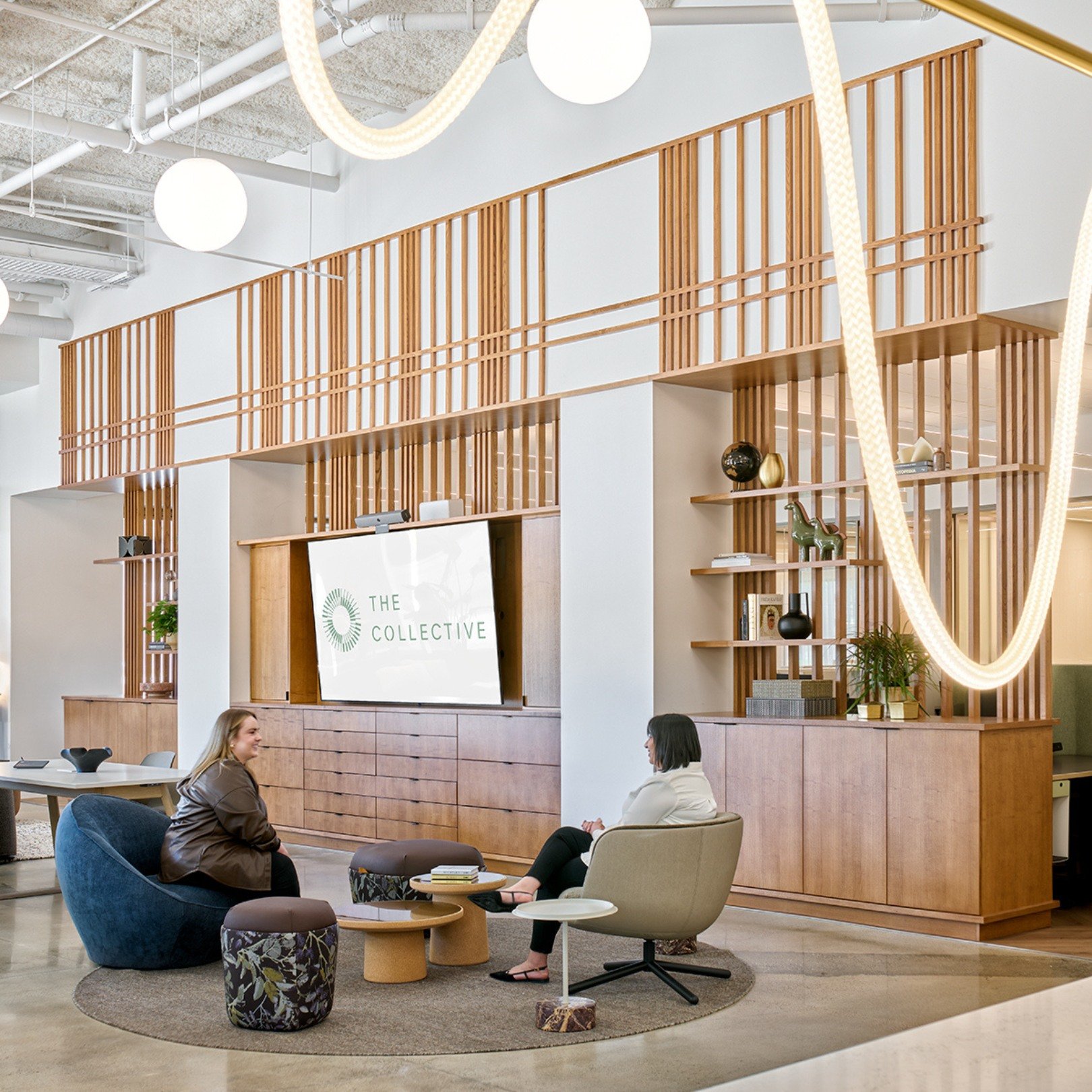 Welcome to The Collective! Nestled in Santana Row, this showroom blends hospitality with everyday function, giving clients a place to see how their future workplace might feel. 
Warm cherry wood, soft textures, and flexible furnishings make the space