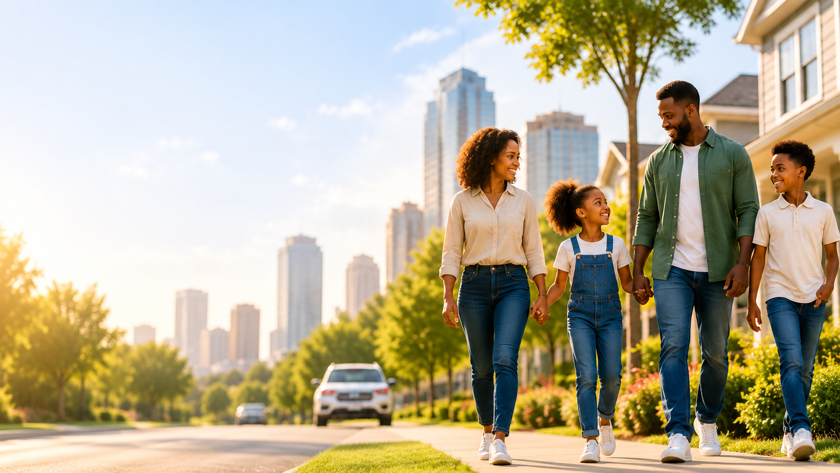 Family walking together in a thriving residential community